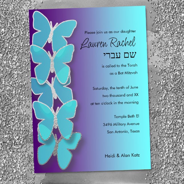 Invitación Bat Mitzvah Mariposa Dimensional Turquesa Púrpura (Subido por el creador)