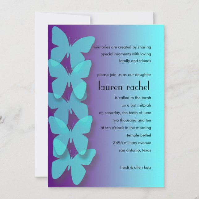 Invitación Bat Mitzvah Mariposa Dimensional Turquesa Púrpura (Anverso)