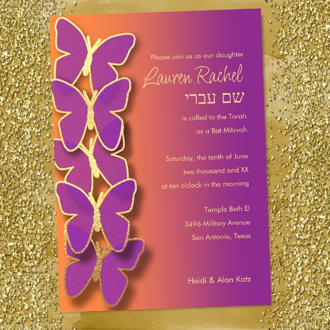 Invitación Bat Mitzvah Mariposa Naranja Morado Ombre (Subido por el creador)