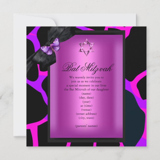 Invitación Bat Mitzvah Mariposa Púrpura Rosa (Anverso)