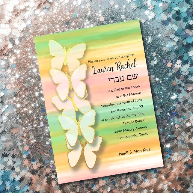 Invitación Bat Mitzvah Mariposa Rosa Verde Peach Watercolor (Subido por el creador)