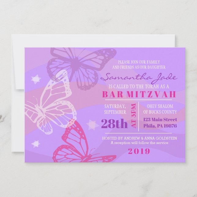 Invitación Bat Mitzvah MARIPOSAS & ESTRELLAS (Anverso)