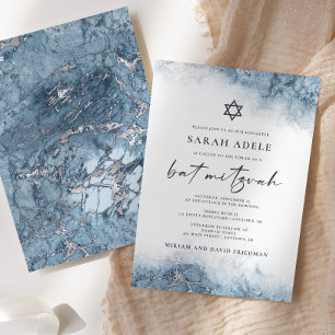 Invitación Bat Mitzvah Mármol Azul Plateado