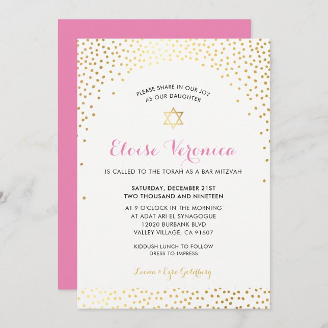 Invitación BAT MITZVAH mini elegante spot de confeti dorado r (Anverso / Reverso)