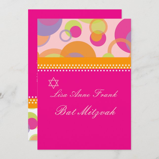 Invitación Bat Mitzvah+Mod Bubbles/naranja/rosa caliente (Anverso / Reverso)