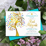 Invitación Bat Mitzvah Moda Relieve metalizado dorado Turques<br><div class="desc">¡Estén orgullosos, regocijaos y exhiban este hito de su Bat Mitzvah favorito! Este gráfico árbol de Relieve metalizado dorado falso con estrella de David brillante, turquesa, verde azulada, morada y azul y "hojas" de punto sobre un fondo blanco es la invitación perfecta para esta ocasión especial. En la parte trasera...</div>