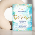 Invitación Bat Mitzvah modern gold foil turquoise watercolor<br><div class="desc">Be proud, rejoice and showcase this milestone of your favorite Bat Mitzvah! Send out this stunning, modern, sparkly gold faux foil and glitter dots and typography script against a turquoise watercolor background, personalized invitation for an event to remember. Personalize the custom text with your Bat Mitzvah’s name, date, and venue...</div>