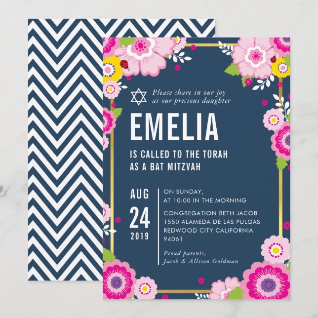 Invitación BAT MITZVAH moderna audaz floral brillante marina  (Anverso / Reverso)