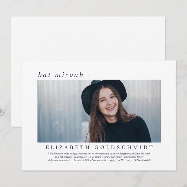 Invitación Bat Mitzvah| Moderna foto elegante (Anverso / Reverso)