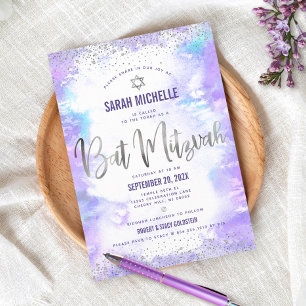 Invitación Bat Mitzvah moderna lámina plateada púrpura acuare