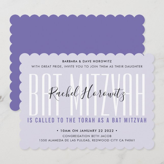 Invitación BAT MITZVAH moderna superposición tipografía chica (Anverso / Reverso)