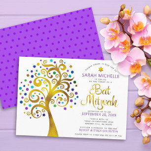 Invitación Bat Mitzvah Moderno Árbol de la Vida Purpura Hoja