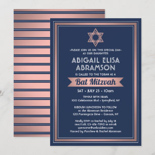Invitación Bat Mitzvah Moderno Azul Marino Rosa Dorado Rosa T