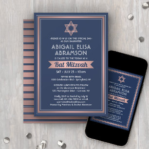 Invitación Bat Mitzvah Moderno Azul Marino Rosa Dorado Rosa T