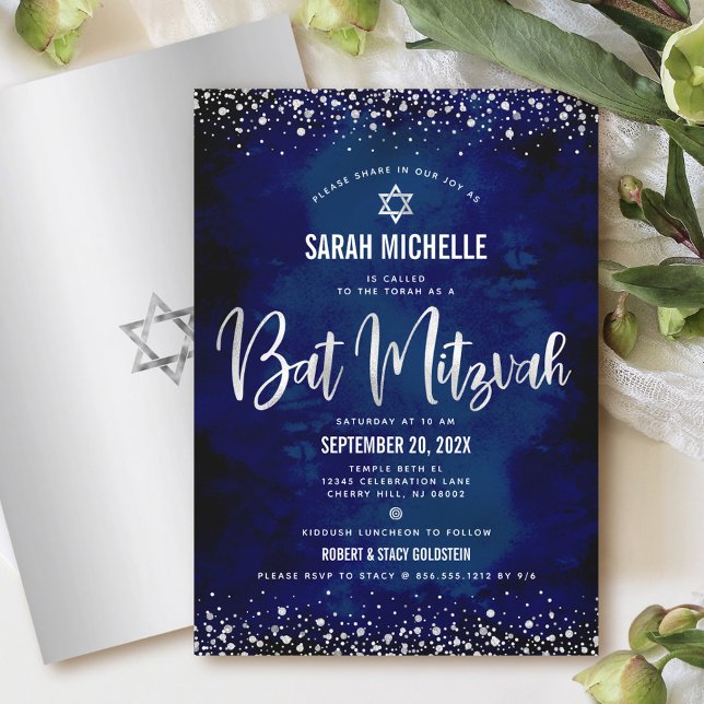Invitación Bat Mitzvah Moderno Marino Glitter Plata Hoja de L (Subido por el creador)
