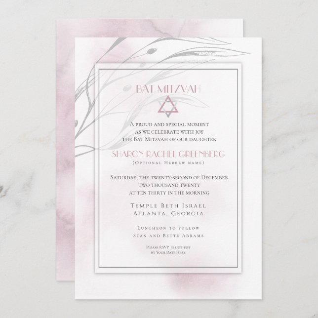 Invitación Bat Mitzvah Moderno Rubor Pink Watercolor Splash (Anverso / Reverso)