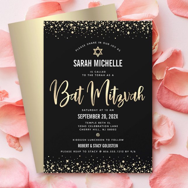 Invitación Bat Mitzvah Moderno Script Foil Brillante Dorado N (Subido por el creador)