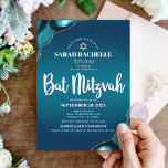 Invitación Bat Mitzvah Moderno Turquesa Ombre Ágata Script<br><div class="desc">¡Siéntete orgulloso, regocíjate y muestra este hito de tu Bat Mitzvah favorita! Envía esta invitación genial, única, moderna y personalizada con el nombre hebreo para un evento inolvidable. La tipografía de escritura blanca y la Estrella de David de oro falso se superponen sobre un fondo degradado de azul turquesa profundo...</div>
