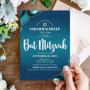 Invitación Bat Mitzvah Moderno Turquesa Ombre Ágata Script