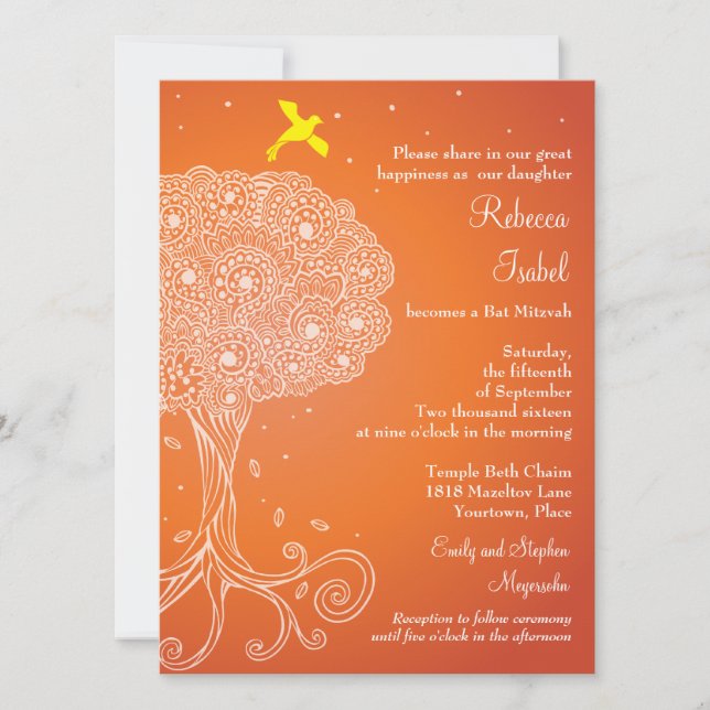 Invitación Bat Mitzvah, Naranja del Árbol Ornato de la Vida (Anverso)