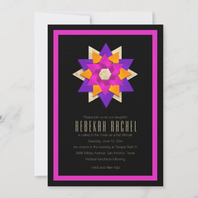 Invitación Bat Mitzvah Naranja Púrpura Estrella Flor (Anverso)
