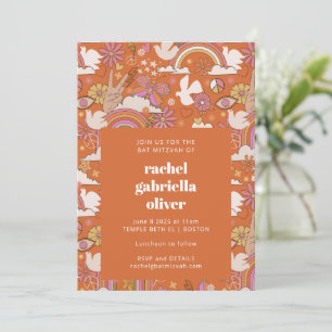 Invitación Bat Mitzvah, Naranja retro hippie de paz de Groovy