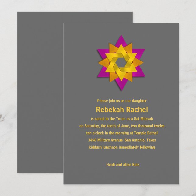 Invitación Bat Mitzvah Naranja rosa estrella flor amarilla (Anverso / Reverso)