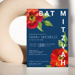 Invitación Bat Mitzvah Navy Blue Red Floral Watercolor de agu<br><div class="desc">Estar orgulloso, regocijarse y mostrar este hito de su Bat Mitzvah favorito con esta sofisticada y personalizada invitación! Una moda, una impresionante acuarela de color rojo floral con un estilo serif san moderno, domina un fondo azul marino. Personalice el texto del personalizado con el nombre, fecha y lugar de su...</div>