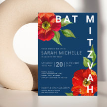 Bat Mitzvah Navy Blue Red Floral Watercolor de agu
