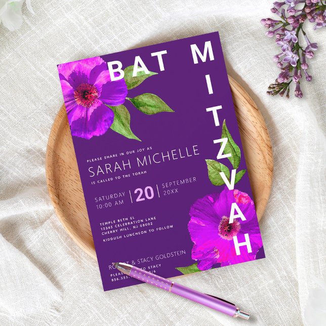Invitación Bat Mitzvah Negrita Morado Floral acuarela moderna (Subido por el creador)