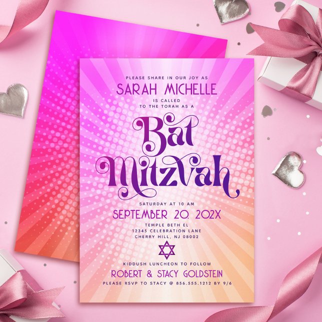 Invitación Bat Mitzvah Negrita Retro Boho Pink Naranja Gradie (Subido por el creador)