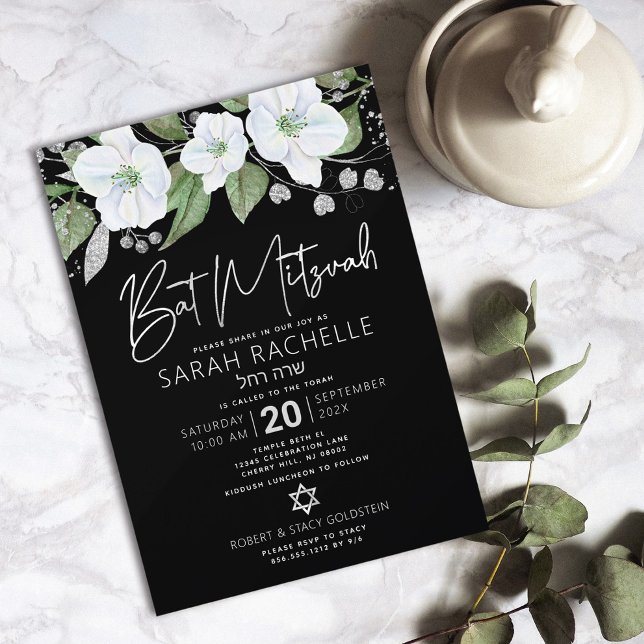 Invitación Bat Mitzvah Negro Plata Escritura Floral Acuarela (Subido por el creador)