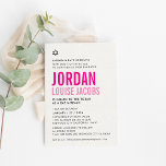 Invitación BAT MITZVAH nombres modernos en negrita color rosa<br><div class="desc">por kat massard >>> kat@simplysweetPAPERIE.com << CONTACTE ME para la redacción personalizado o para añadir líneas en hebreo Me encanta el diseño, pero me gustaría ver algunos cambios - otro esquema de color, producto, añadir una foto o adaptarlo para una ocasión diferente - no hay preocupaciones simplemente contáctame - ¡me...</div>