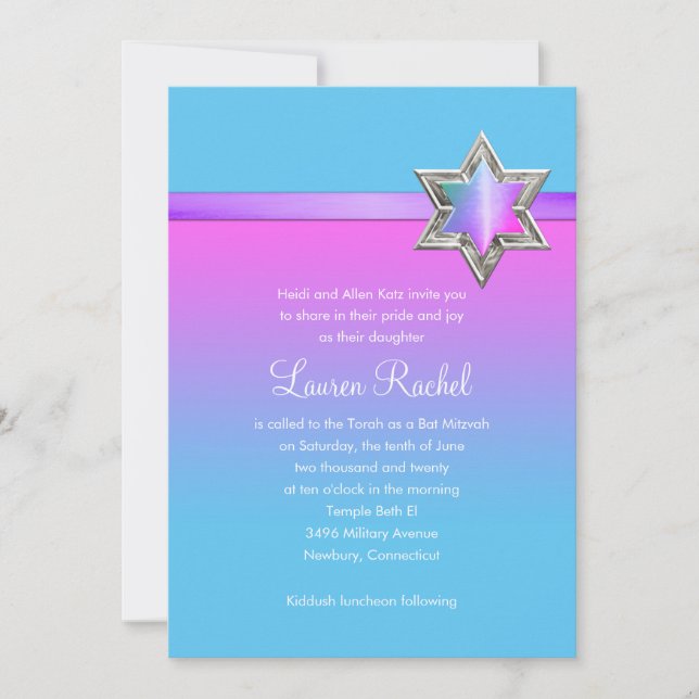 Invitación Bat Mitzvah Ombre Rosa Ribbon y Estrella (Anverso)