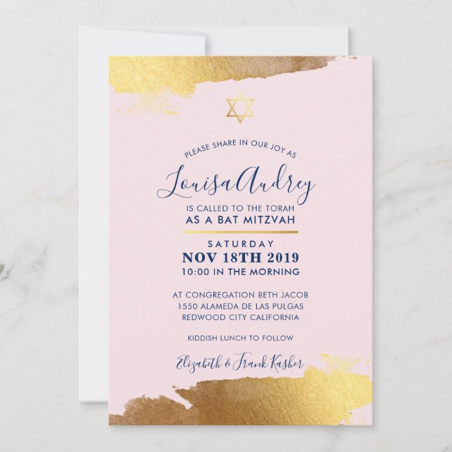 Invitación BAT MITZVAH oro dorado moderno azul marino rosa (Anverso)