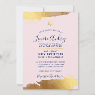 Invitación BAT MITZVAH oro dorado moderno azul marino rosa