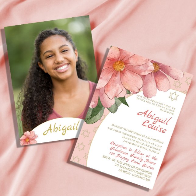Invitación Bat Mitzvah Oro Rosa Elegante Foto Floral (Subido por el creador)