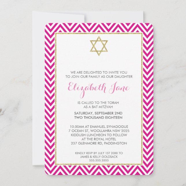 Invitación BAT MITZVAH patrón chervon oro purpurinoso rosa (Anverso)