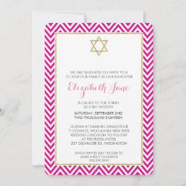 Invitación BAT MITZVAH patrón chervon oro purpurinoso rosa