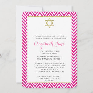 Invitación BAT MITZVAH patrón chervon oro purpurinoso rosa