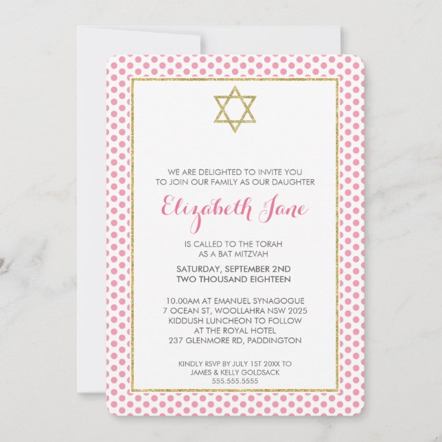 Invitación BAT MITZVAH patrón de puntos polka purpurina oro r (Anverso)