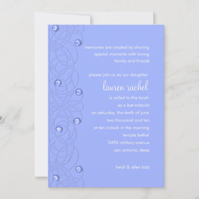 Invitación Bat Mitzvah Pearls Lace Periwinkle en cualquier co (Anverso)