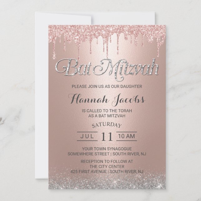 Invitación Bat Mitzvah Perforaciones de Purpurina de oro Rosa (Anverso)