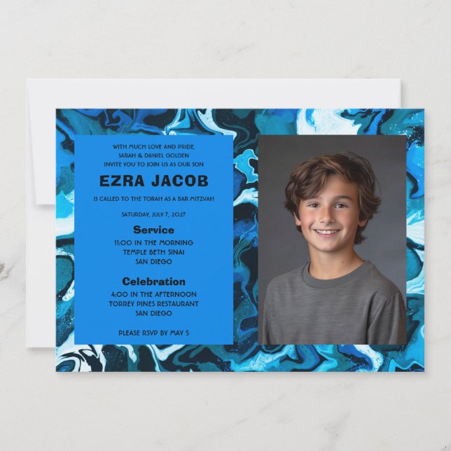 Invitación Bat Mitzvah Personalizado de mármol azul (Anverso)