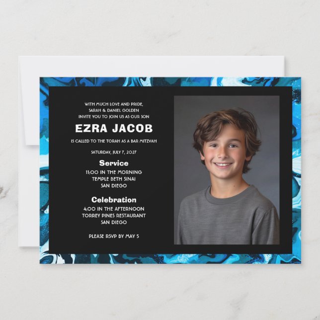 Invitación Bat Mitzvah Personalizado de mármol azul (Anverso)