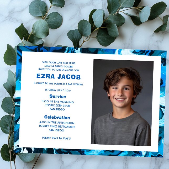 Invitación Bat Mitzvah Personalizado de mármol azul (Blue Marble Custom PHOTO Bar Bat Mitzvah Invitation
)