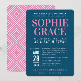 Invitación BAT MITZVAH pila geométrica moderna rosa azul oscu