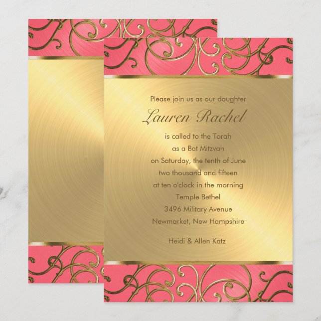 Invitación Bat Mitzvah Pink and Gold Filigree Swirls (Anverso / Reverso)