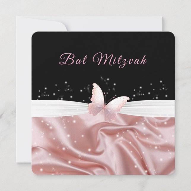Invitación Bat Mitzvah Pink Satin Butterfly Sparkke (Anverso)