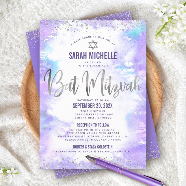 Invitación Bat Mitzvah Plata Púrpura Acuarela Girona 2 Veneci (Subido por el creador)